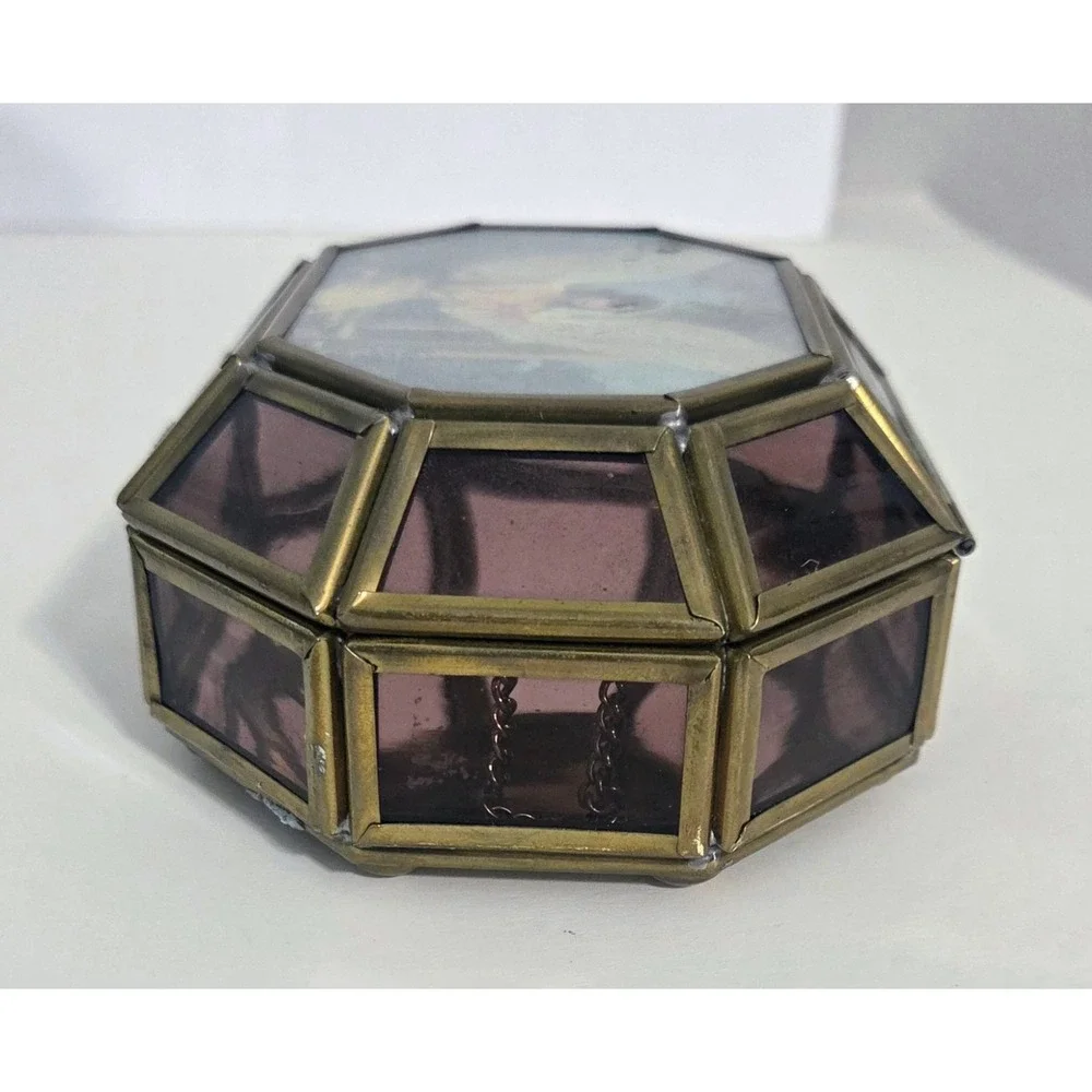 VIVA! Mexico Brass Trinket Box Hinged Purple Glass Panel Hexagonal Vintage Angel